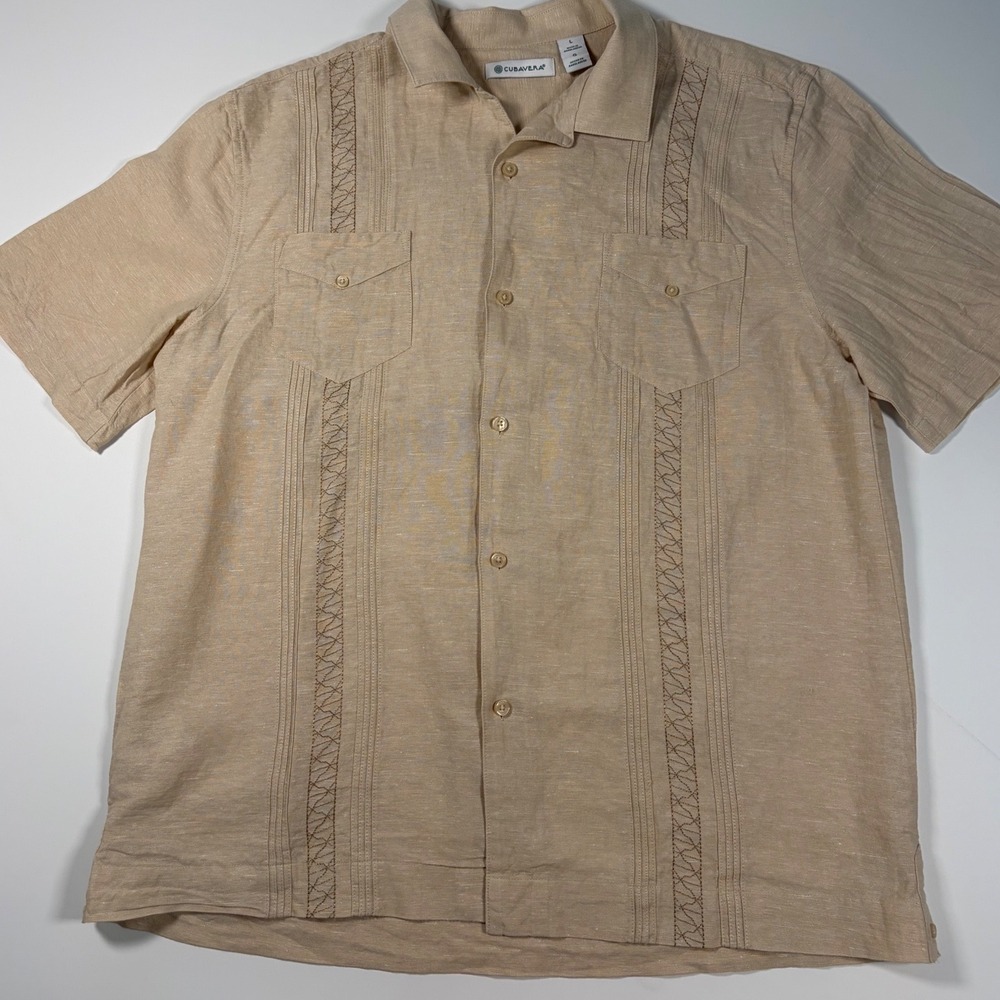 Cubavera Mens Tan Linen Blend Guayabera Shirt L Old Money Quiet Luxury Boho